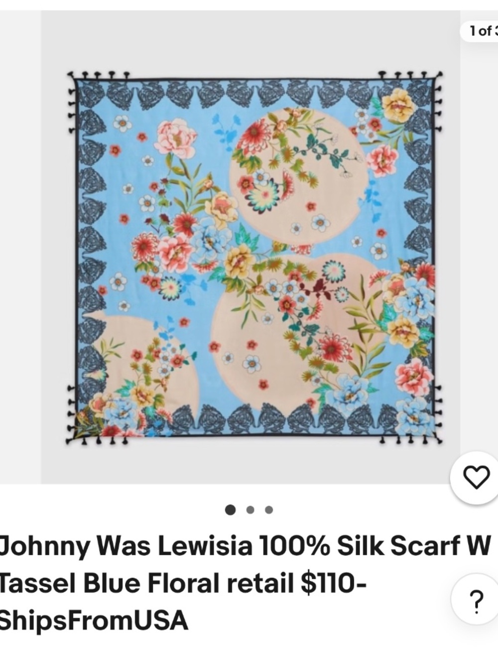 NWT unopened Johnny Was Silk Scarf Blue w Black Tassels, NEW - Picture 4 of 13